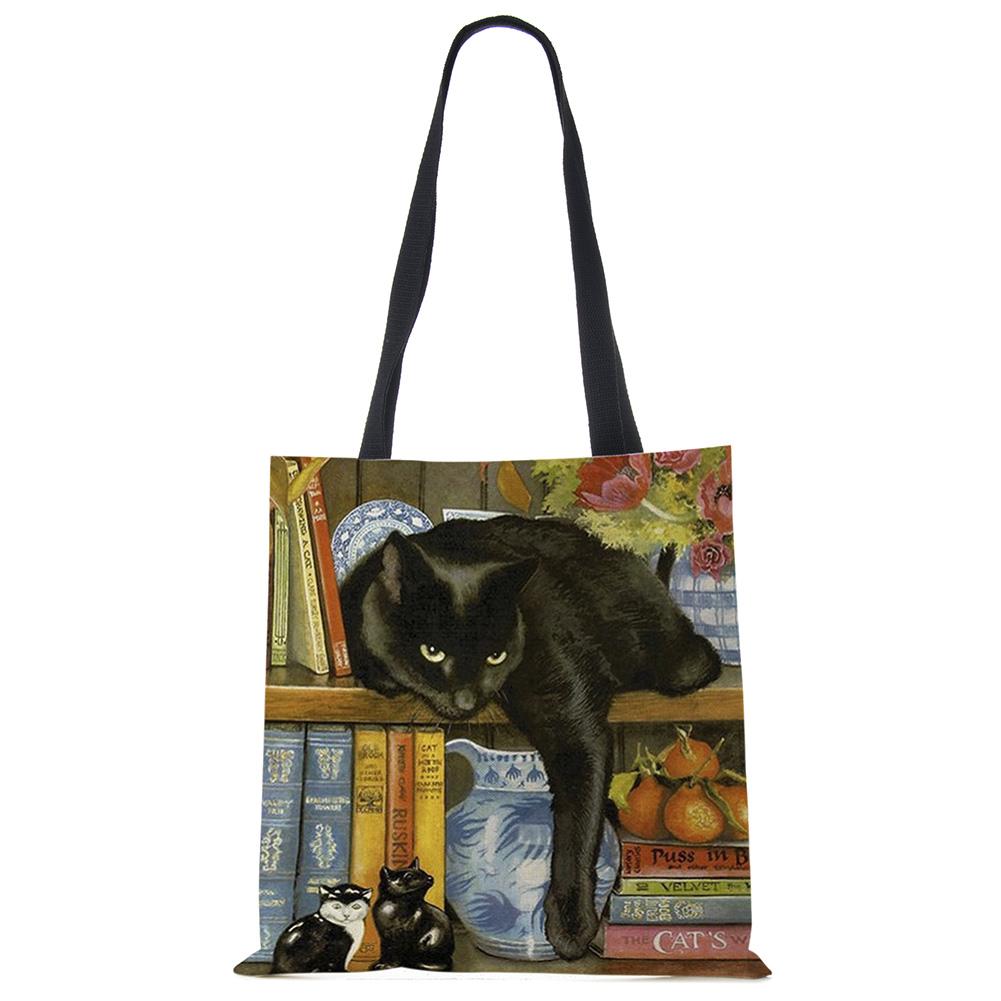 Customize Oil Painting Cat Print Womens Designer Tote Bags Linen Reusable Shopping Bag For Groceries Shoulder Bags for Lady 2020 Casually