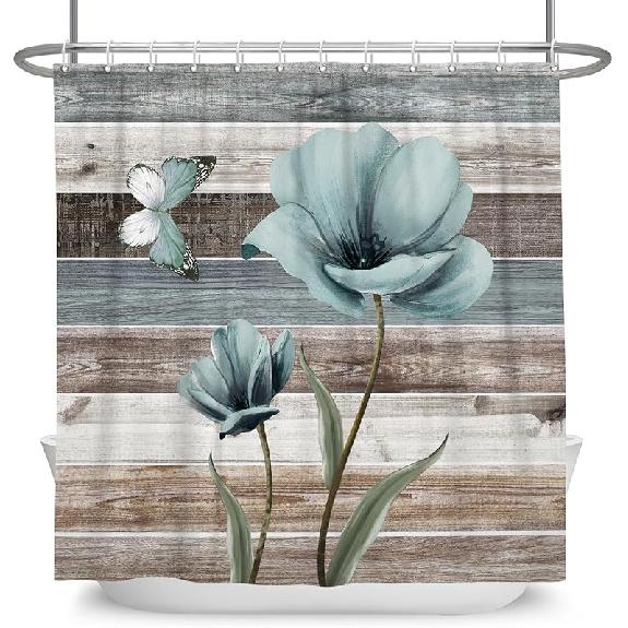 DASHAN No Hook Shower Curtain with Snap In Liner, Rustic Floral Shower Curtains for Bathroom, Teal Flowers Bath Curtain Wood Country Farmhouse Fabric