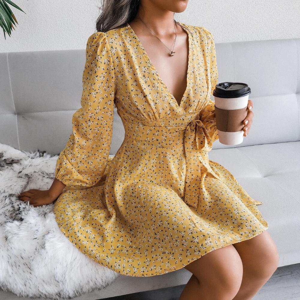 Women Sexy V Neck Long Sleeve Floral Chiffon A Line Midi Dress S жёлтый