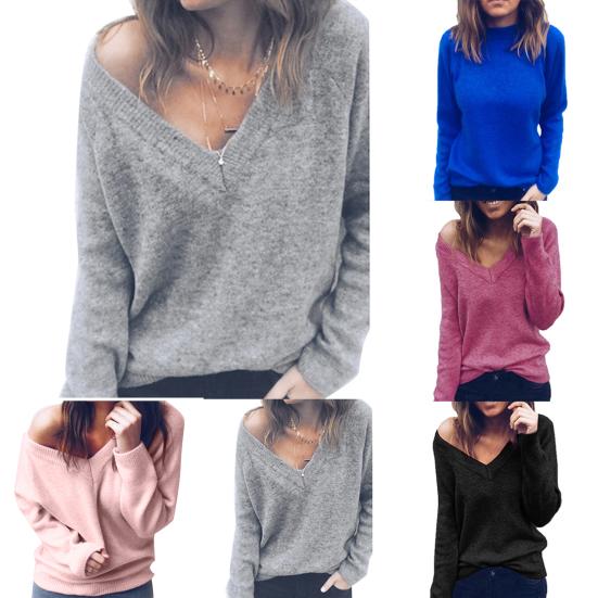 Knitted Sexy Sweater Winter Chic Lady Solid Color V Neck Blouse Long Sleeve Casual Pullover
