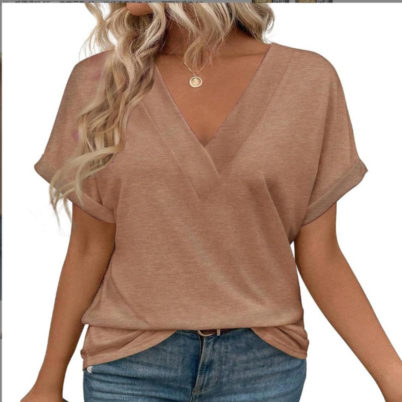 Summer V Neck Tops for Women Short Sleeve Fashion Loose Fit T Shirts Basic Tee 2025