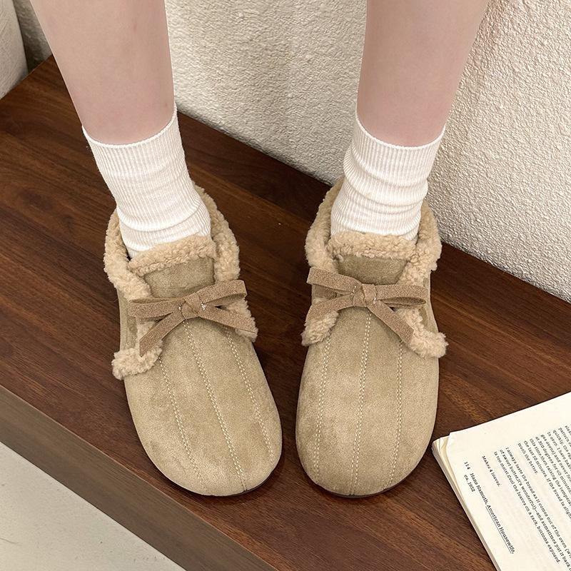 Pantofi casual din catifea cu talpă moale pentru femei, noi de iarnă, cu fundă retro, pantofi pufoși cu un singur pas, pantofi de bumbac plați pentru femei
