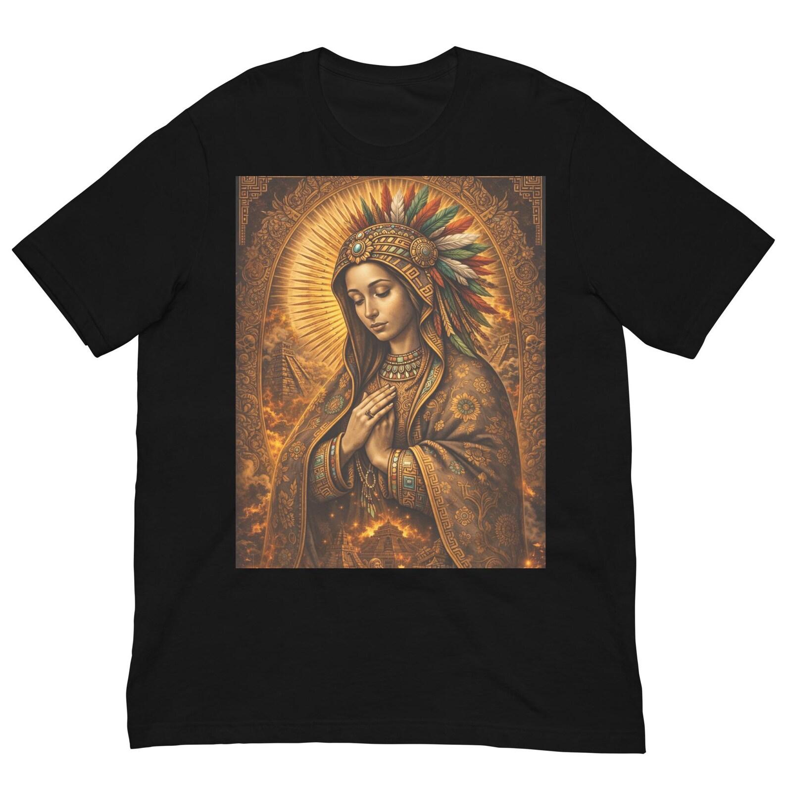 Aztec Virgin Mary Shirt, Indigenous Sacred Mother Tee, Mesoamerican Religious Art, Spiritual Goddess Graphic T-Shirt 3XL