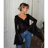 Fashion Style Summer Black Sexy V-neck Chiffon See-through Shirt V-Neck Flared Sleeve Shirt