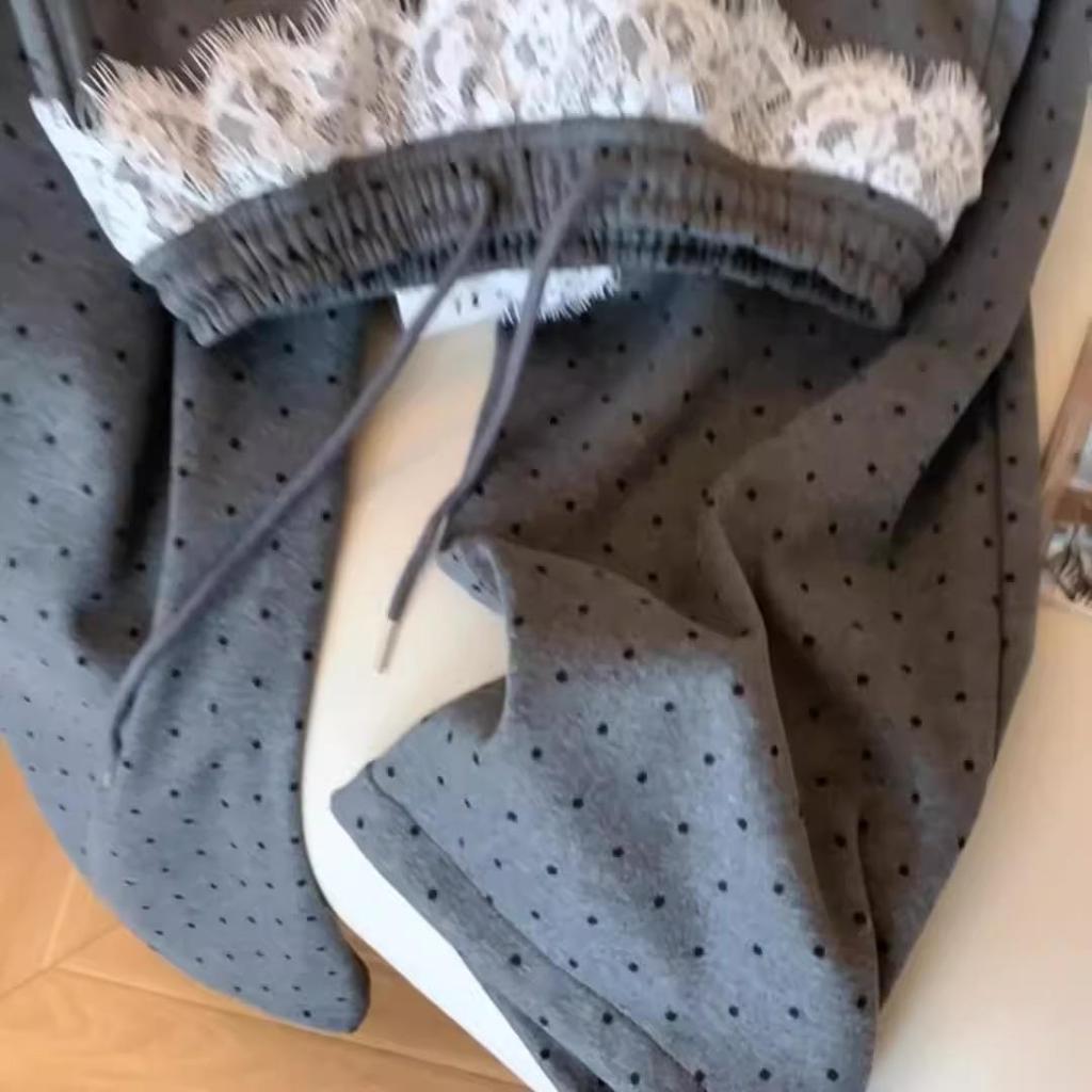 Women's High Waist Polka Dot Wide Leg Pants with Lace Trim - 2025 Spring Collection