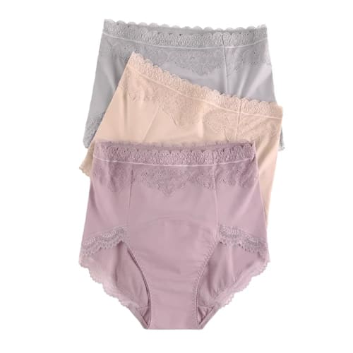 TiCitrus Women's Sanitary Panties, Leak-Proof, Deep-Fitting, with Lace, Day/Night Use, Heavy Days, Cotton, Non-Steamy, Plus Sizes, Juniors, 3-Pack
