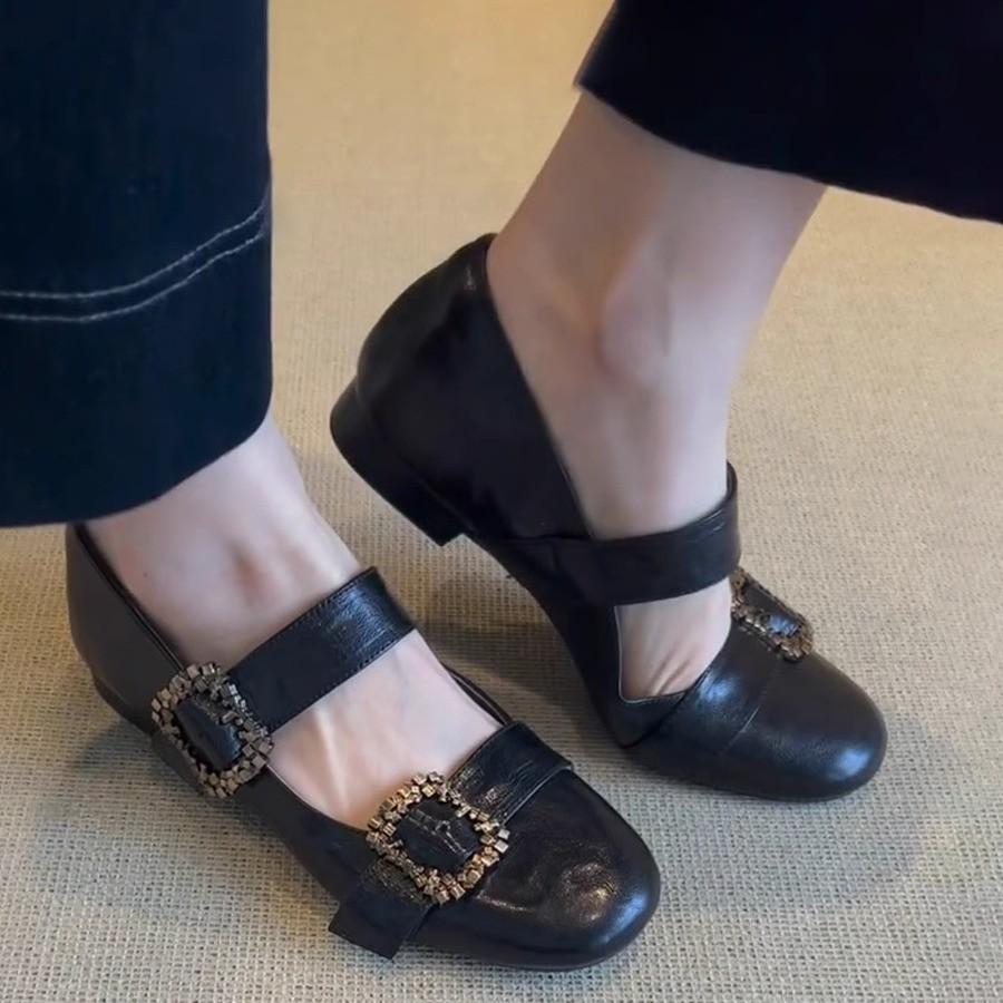 Sheepskin Version~ Retro Metal Square Buckle Mary Jane Small Leather Shoes Low Heel Round Head Leather Word with Shallow Mouth Single Shoes Women