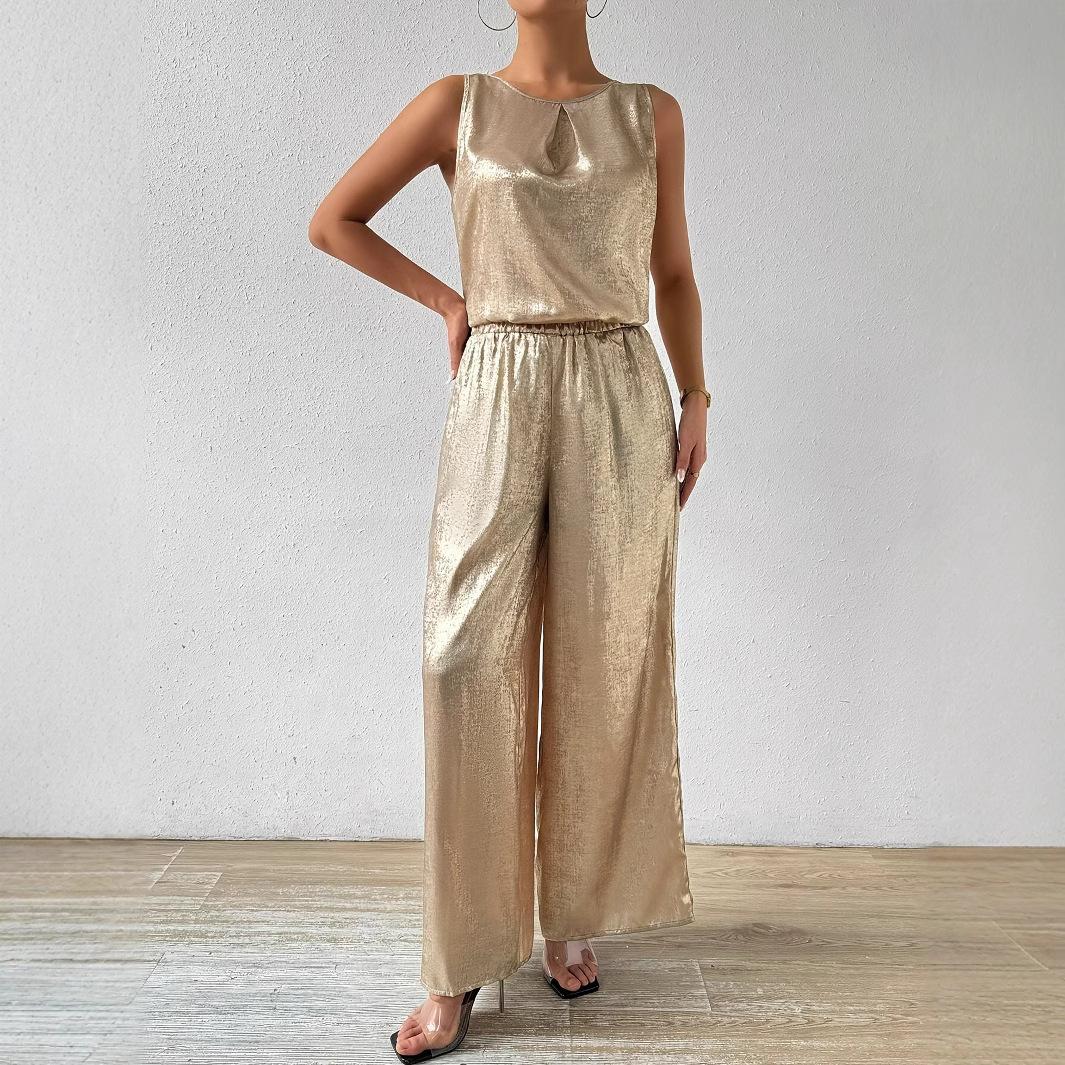 

Женский жилет без рукавов с высокой талией, свободные брюки, позолоченный блестящий жилет с завязками сзади, комплект из 2 предметов XXL хаки