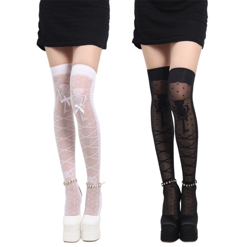 Japanese Style Ultra-Thin Sheer Thigh High Socks Cute Bowknot Crisscross Patterned Over Knee Long Stockings for Womens