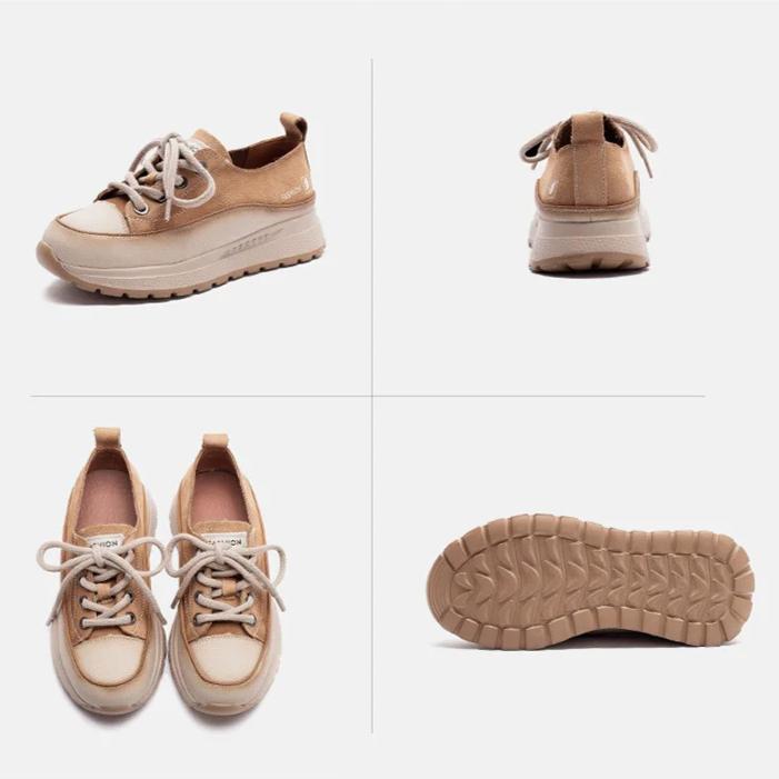 Johnature Genuine Leather Thick Soled Casual Women's Shoes Round Toe Comfortable Lace-up Flat Platform Shoes