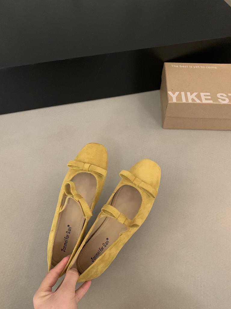 French Retro Double Bow Inner Height Increase Mary Jane Shoes Women's 2025 Autumn New Light Mouth Suede Ballet Shoes