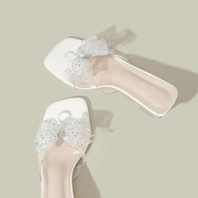 Women Slippers Fashion Square Head Designer High Heel Slippers PVC Transparent Slippers for Women Sweet Bow French Style Slipper