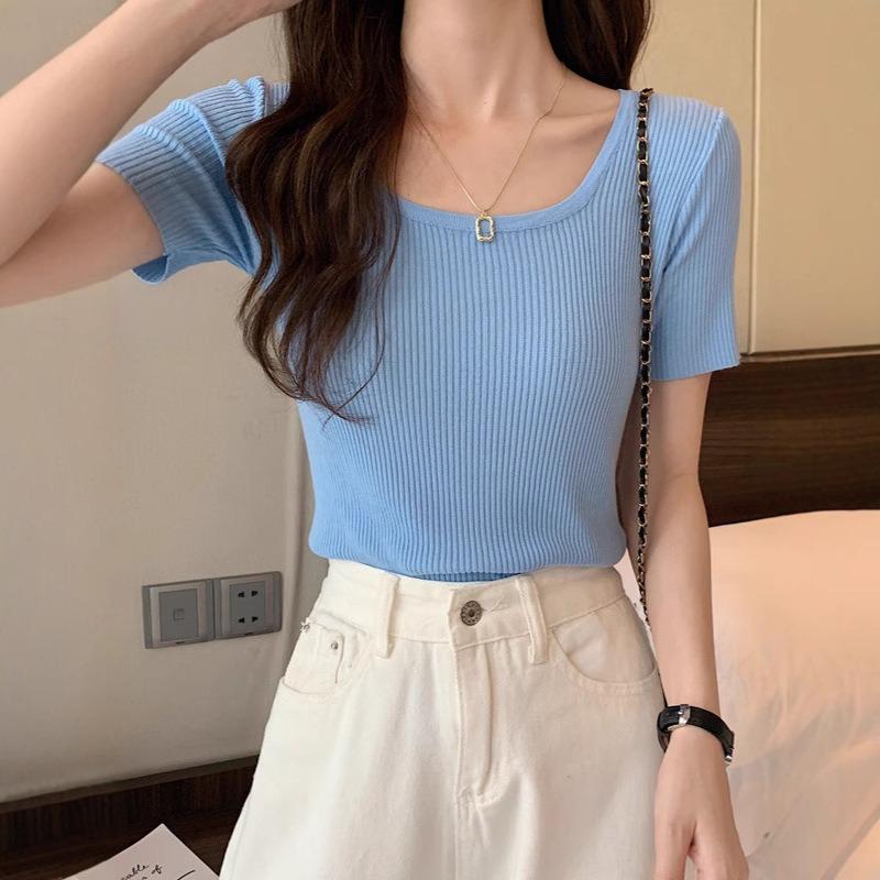 Fashion Ice Silk Short Sleeved Knitted Women's T-shirt Spring Summer New Slim Fit Thin Pullover Bottomed Sweater Women's Short Top Women's Clothing