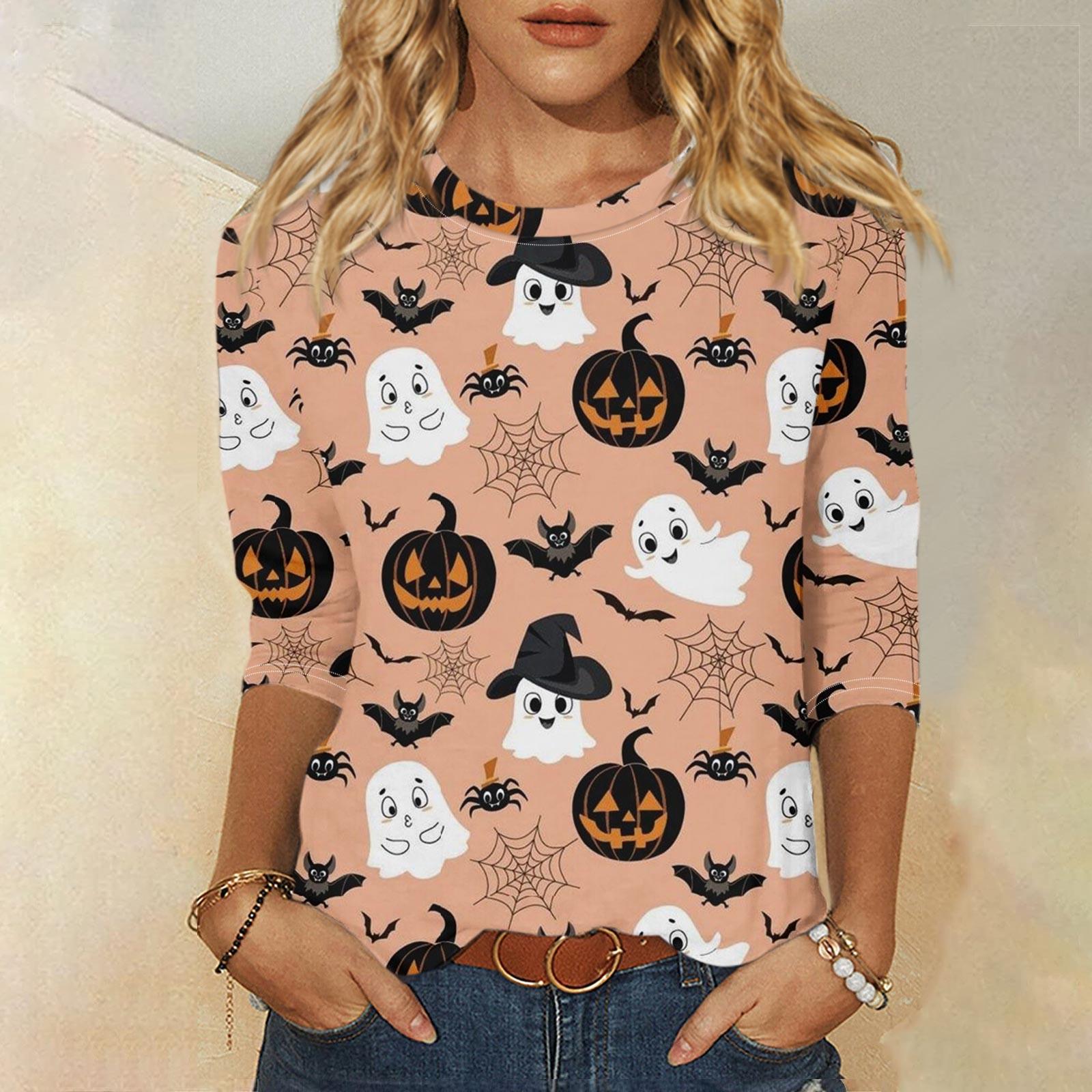 

Женская модная повседневная свободная футболка с круглым вырезом и рукавами 3/4 на Хэллоуин, женский топ M розовый