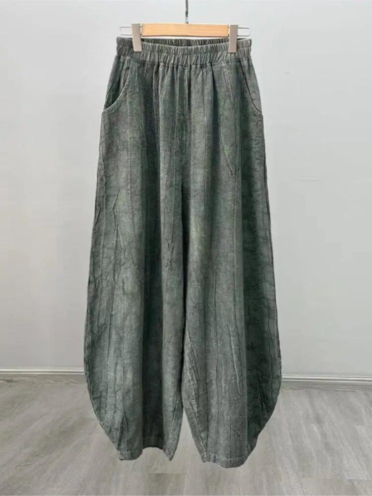 Johnature Women Vintage Tie-dye Bloomers Pants Elastic Waist Loose Spring Trouser Casual Women Long Pants