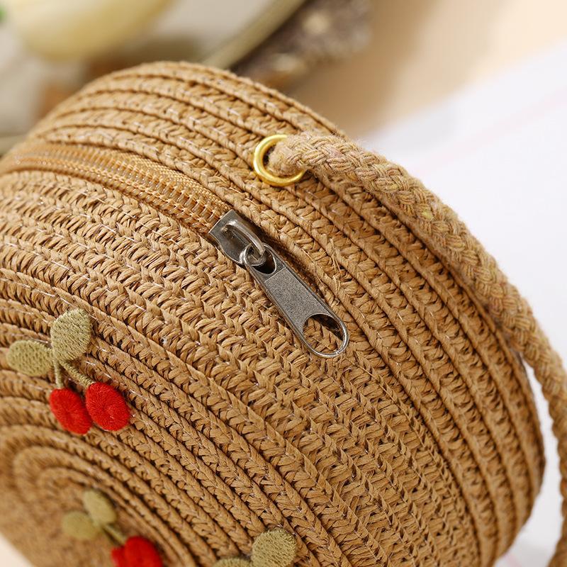 Children Foldable Woven Straw Bag Summer Girl Shoulder Bags Red Cherries Kids Handbags Beach Travel Crossbody Bags Small Wallets
