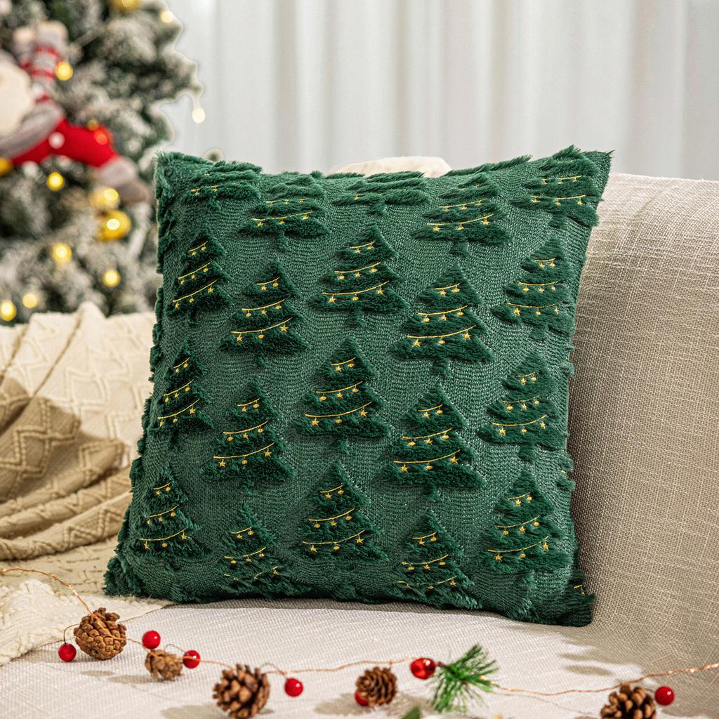 Christmas Tree Pillow Cover Embroidered Cushion Case for Sofa Decor with Colorful Lights