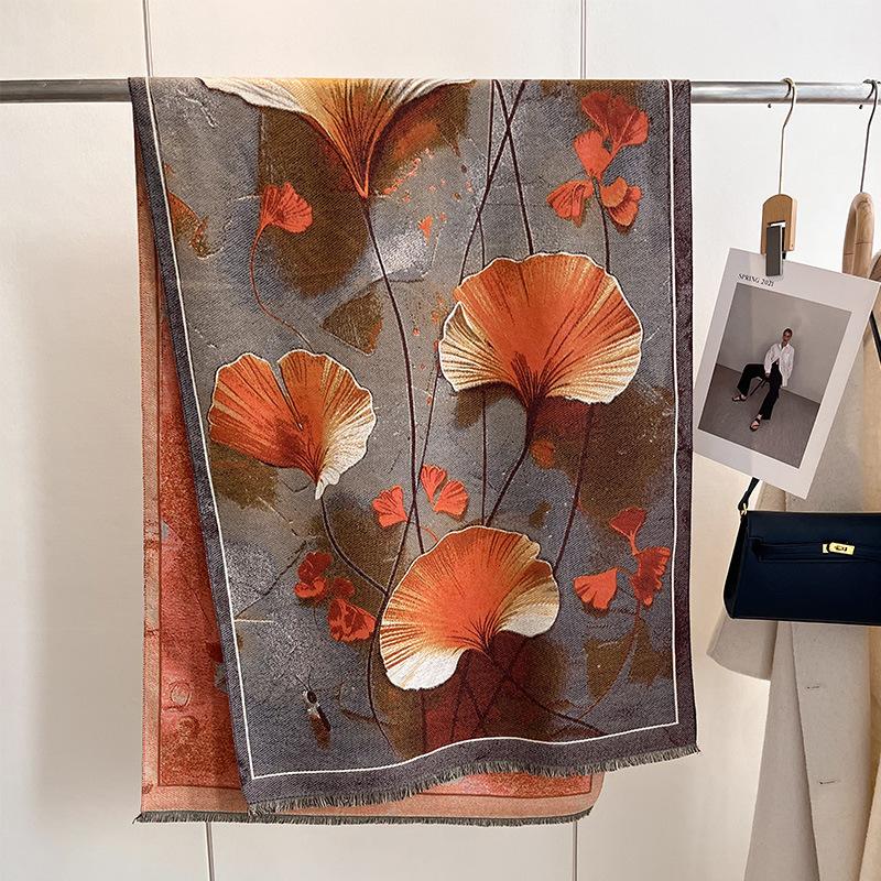 Autumn And Winter National Style Plants And Flowers Landscape Painting Elegant Women Warm Scarf Fashion Retro Shawl