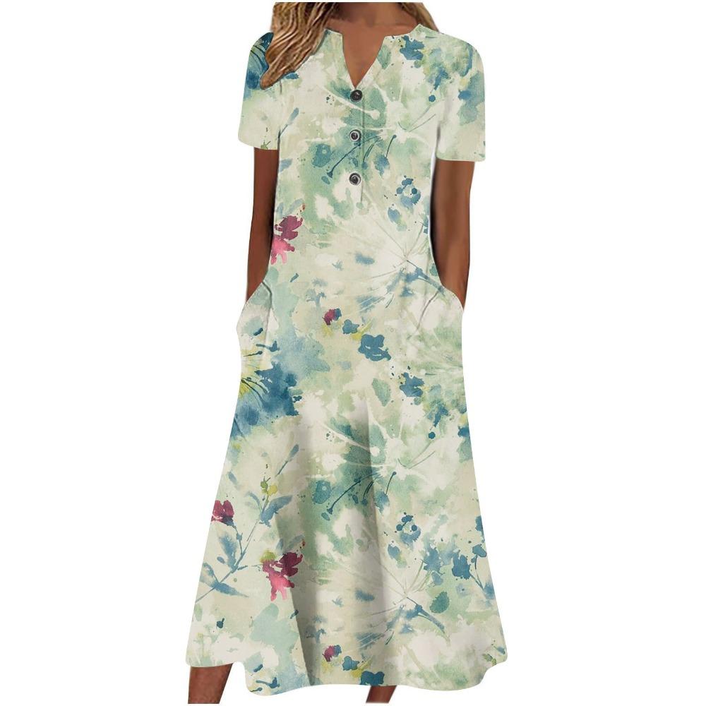 Women's V‑Neck Button Short Sleeve Midi Dress Loose Printed Casual Dress With Side Pockets