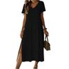 Women’s Short Sleeve V Neck Casual Maxi Dress with Side Slit Loose Fit Lightweight Knit Fabric