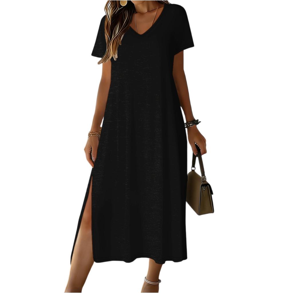 Women’s Short Sleeve V Neck Casual Maxi Dress with Side Slit Loose Fit Lightweight Knit Fabric