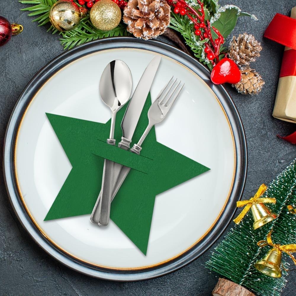 12pcs Christmas Star Five-Pointed Table Mats, Felt Fork and Spoon Bag Set, Christmas Table Decoration Tableware Bag, Christmas
