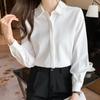 Women's Ash Blue Satin Long Sleeve Shirt - Retro Hong Kong Style, Spring Commute, Concealed Placket, Versatile Drapey Blouse