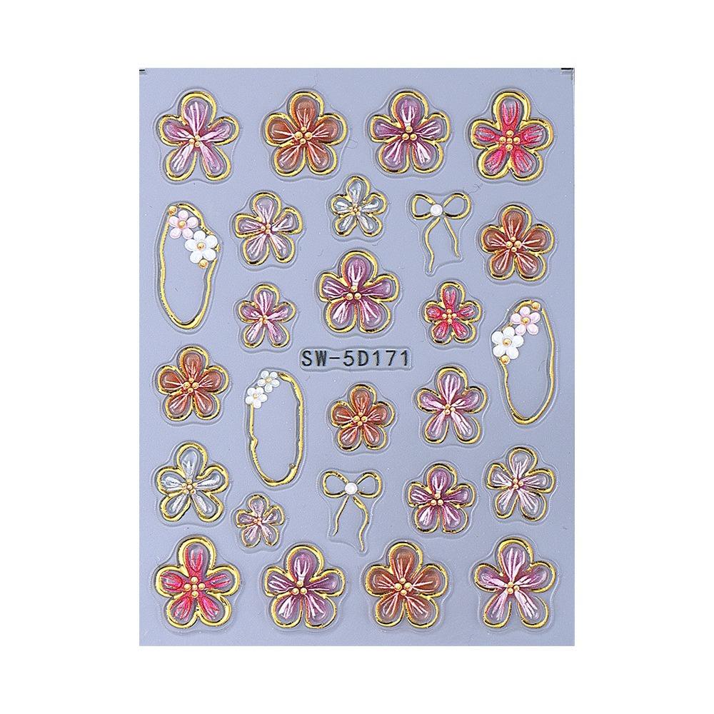French Embossed Nail Stickers Waterproof White Pink Petals 3D Nail Art Decals Lily Petal Design Gold Line French