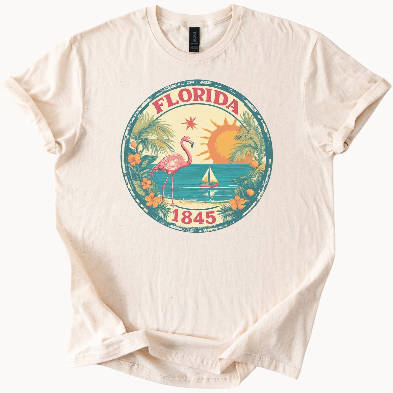 Florida Flamingo Sun Ocean Palm Trees Graphic Shirt 1845 State Souvenir Unique Beach Sunset Summer Sailboat Nature T Shirt 140