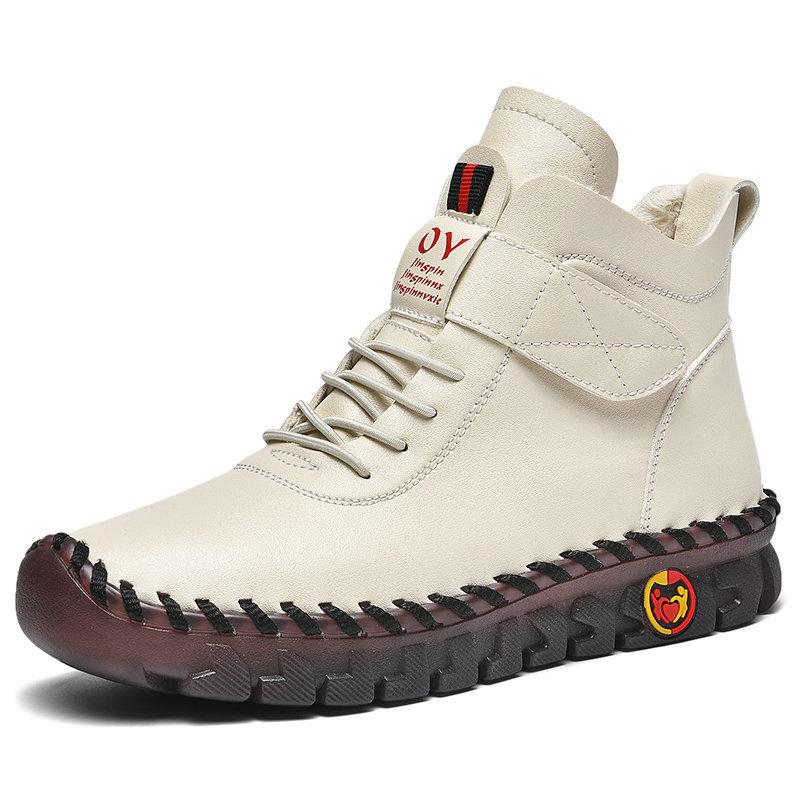 Winter Hand-stitched Women Boots Fur Plus Velvet Warm Platform Ankle Boots Red Leather Boots Women's Anti Slip Mom High Top Boot