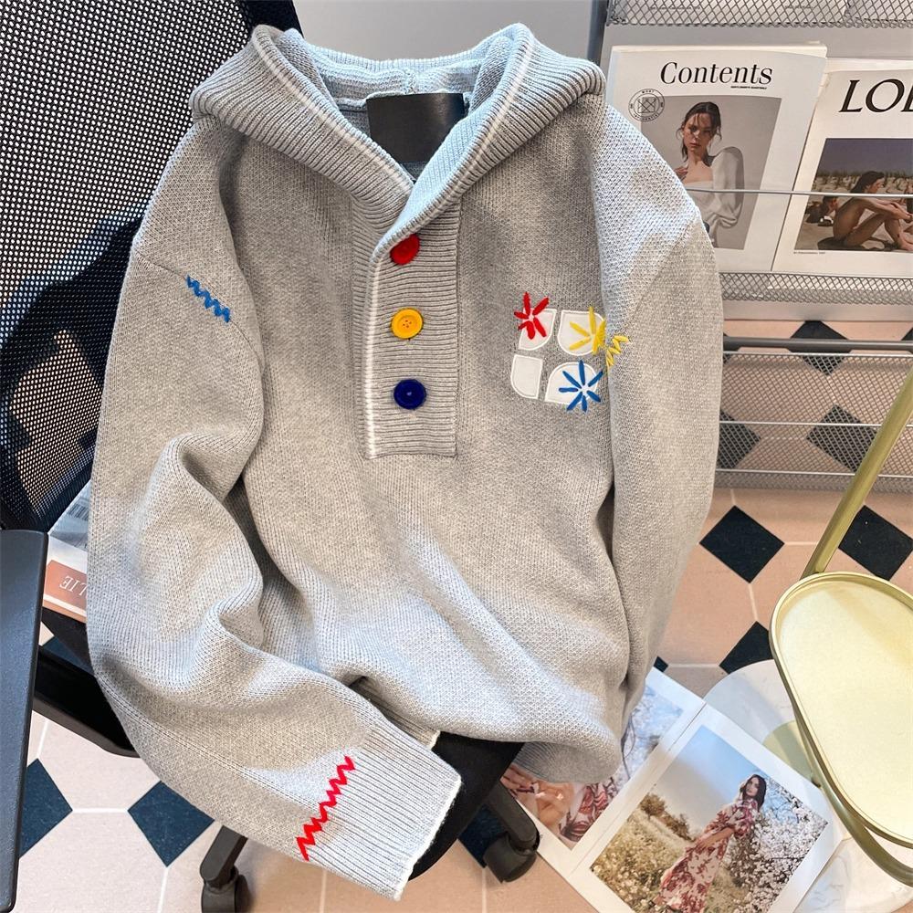 Unisex Retro Embroidered Hoodie: Dopamine Color Loose Knit Sweater M