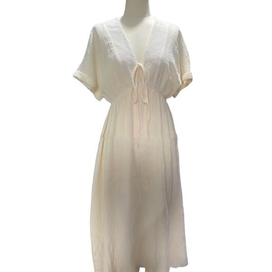 Women Dress V-neck Lace-up Short Sleeve High Waist Midi Dress Solid Color Flowy Hem Casual Dress Daily Wear