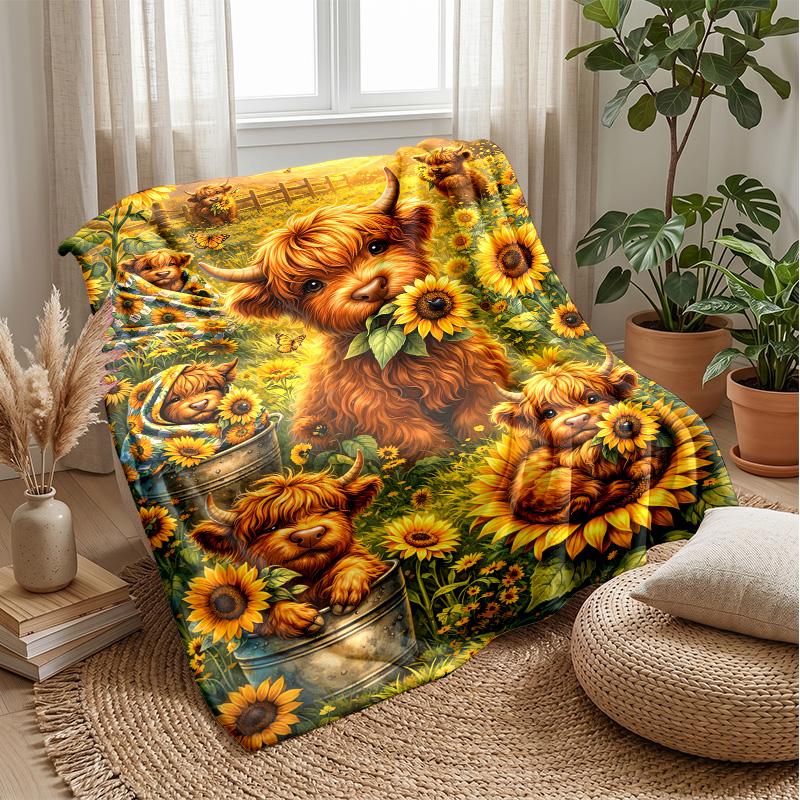 Sunflower Cow Tower Theme Blanket Lightweight Warm Flannel Blanket Decorative Throw Blanket for Home Decoration
