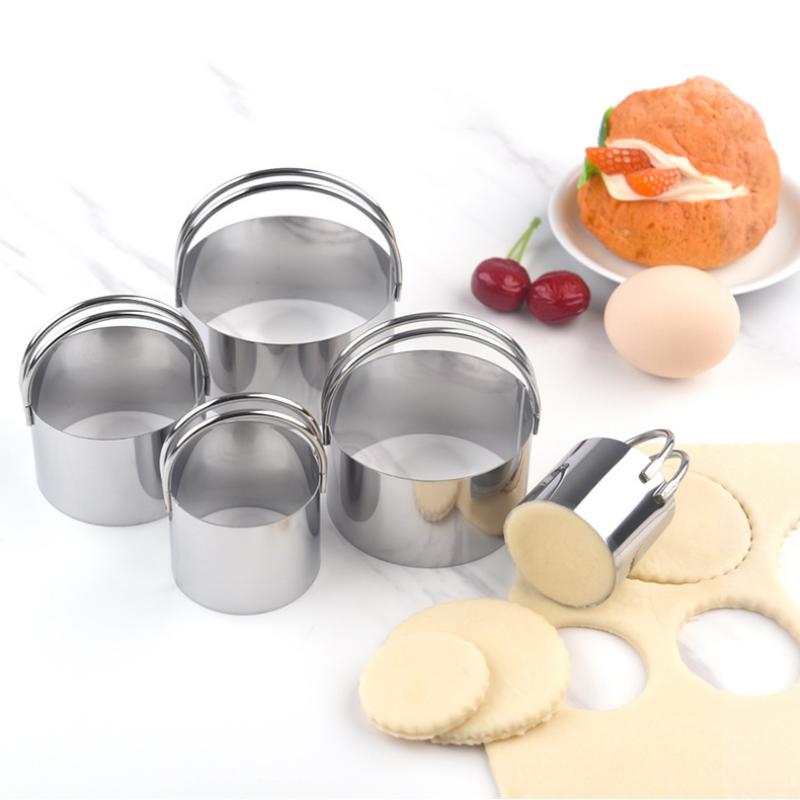 5 Pcs Stainless Steel Baking Cookie Cutters Set With Hanging Basket And Dual Handle Mousse Rings For Cake Biscuit Making