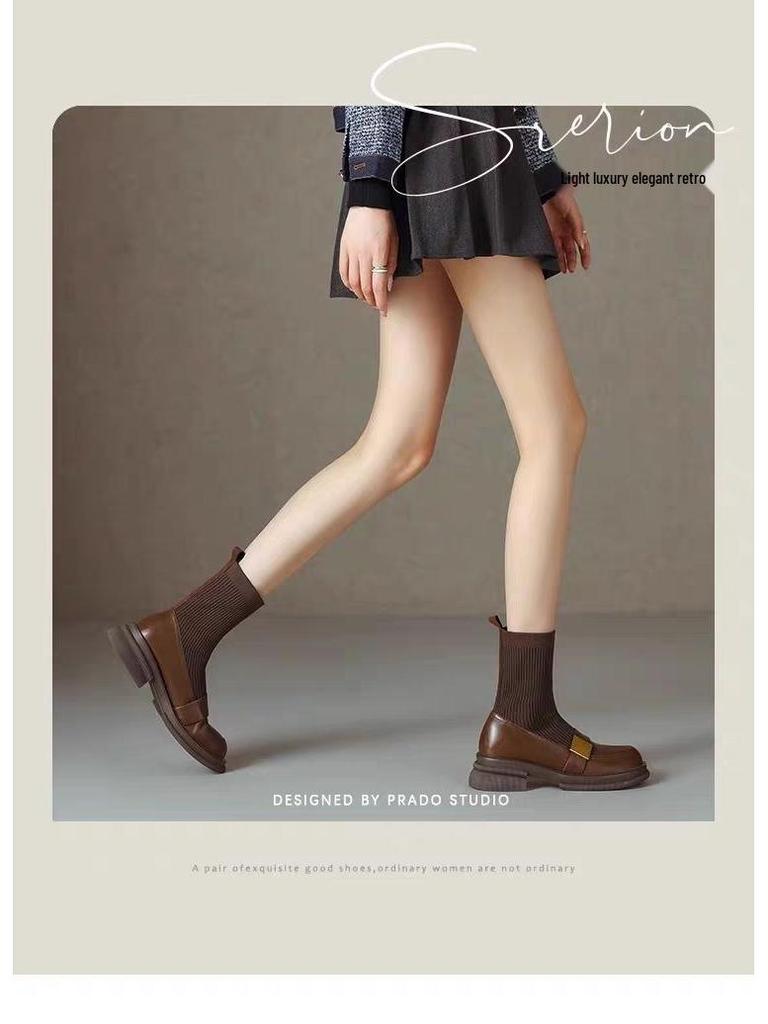 Women's Knitted Stretch Slimming Chunky Heel Ankle Boots, 2025 Autumn/Winter Retro Brown Mid-Heel Martin Loafers.