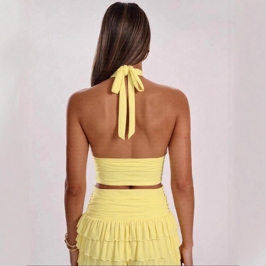 Europäisches Neckholder Bodycon Rock Set: Scharfes plissiertes V-Ausschnitt-Camisole-Kleid