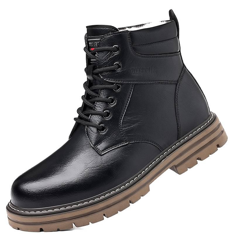 Men's soft elastic leather waterproof winter warm cold padded wool snow boots thick bottom non-slip wear outdoor leisure sports Martin cotton boots