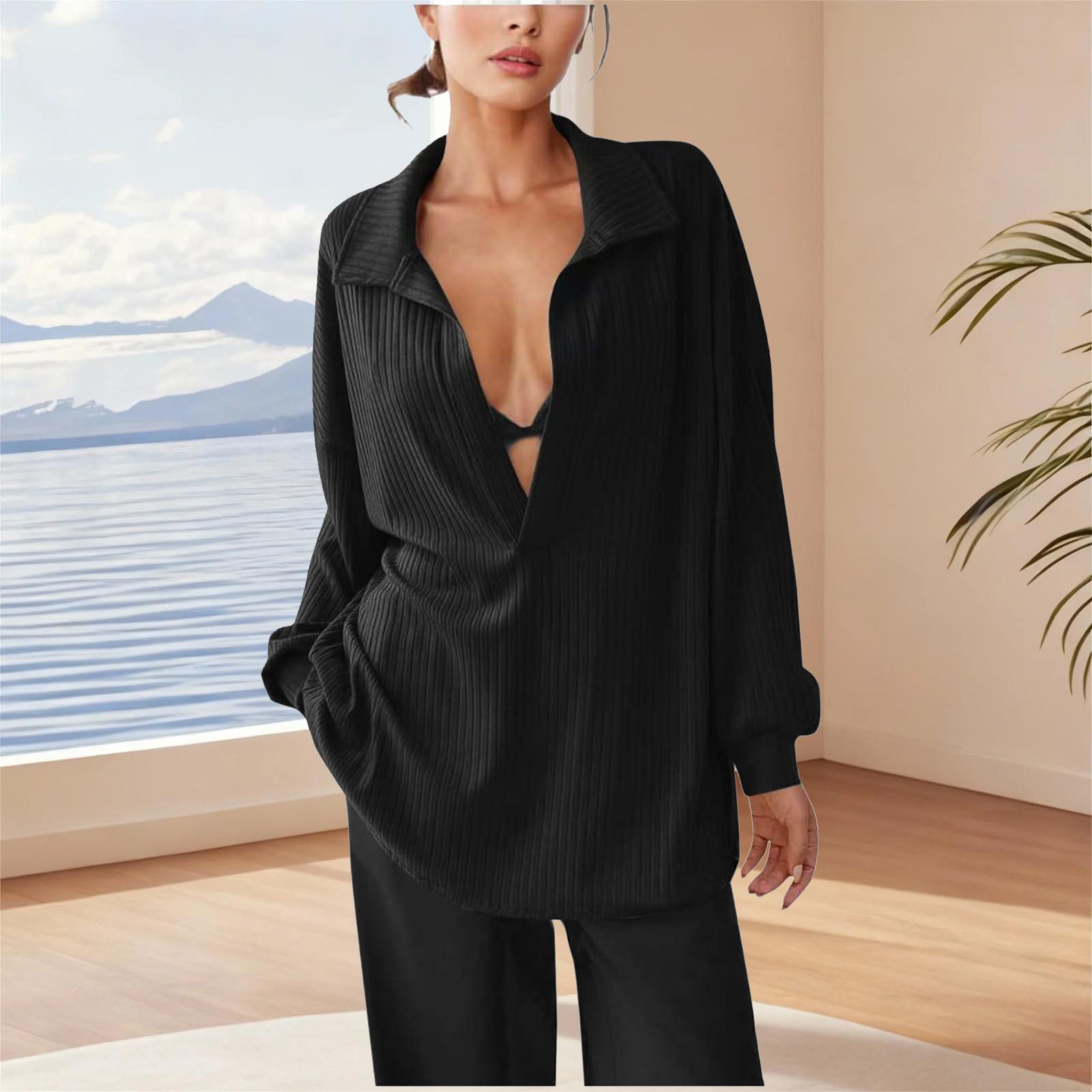 

Women s Fashionable Loose-Fit Long-Sleeved V-Neck Solid-Colour Shirt Top S