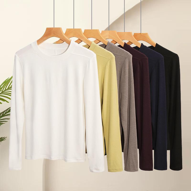 Women's Slimming Semi-High Neck Wool Base Layer T-Shirt - Long Sleeve, Spliced, Versatile Design for Autumn/Winter.