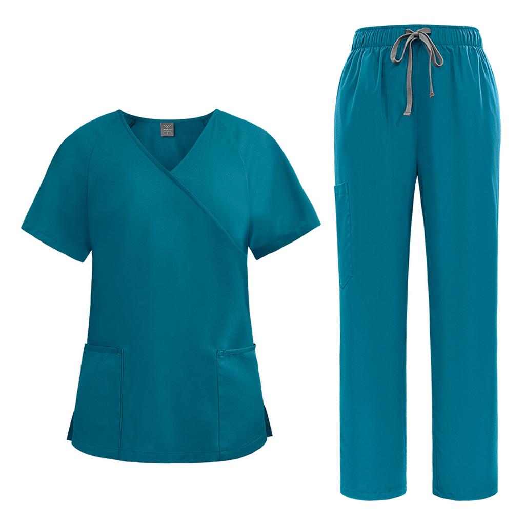 Women's Loose And Comfortable V-neck Short Sleeved Workwear With Tie Up Top And Waist Cinching Beauty Suit Set