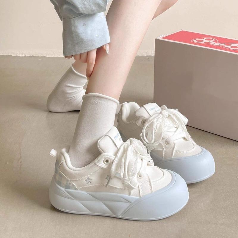 Fashion Comemore Cute Bread Shoes Thick-Soled White Sneakers Women's 2025 New Spring Autumn Casual Lace Up Round Toe Board Sneaker Shoes