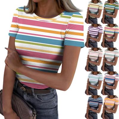 Ladies Slim Bottom T-shirt Fashion Casual   Round Neck Pullover Short Sleeve Top