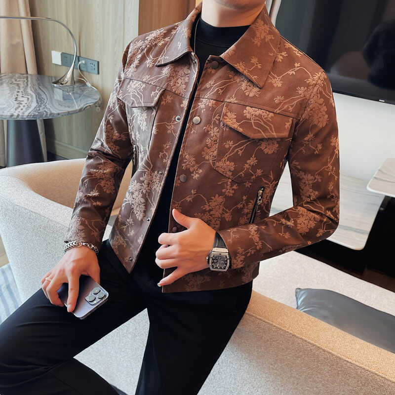 Autumn new trendy brand locomotive flower men's PU leather jacket jacket zipper lapel top pocket zipper