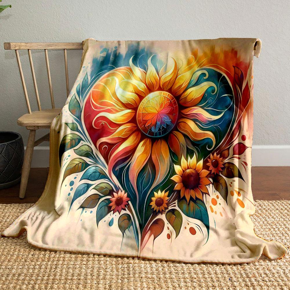 "Colorful Sunflower Heart Design" Patterned blanket, flannel, suitable for all seasons, home decor, warm and cozy