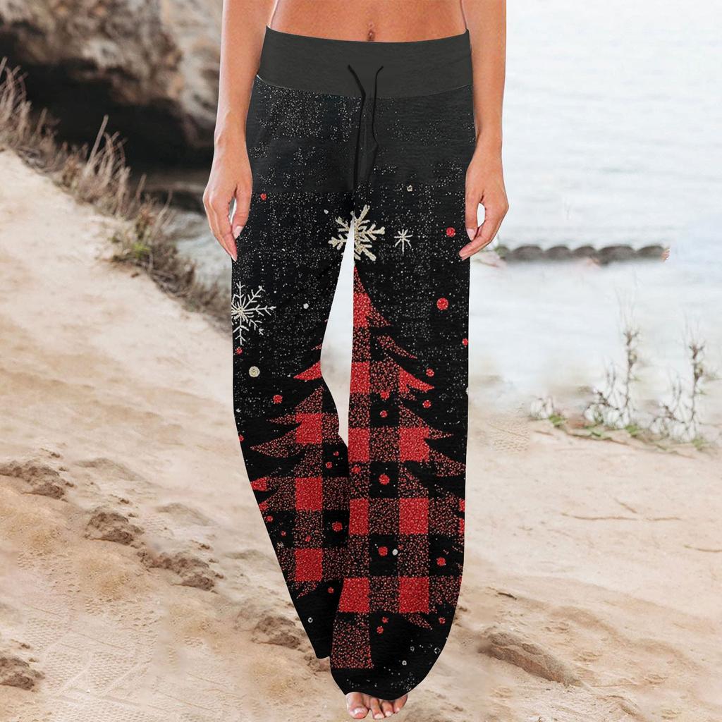 Women's Comfortable Pajama Pants  Pants Christmas Print Drawstring Wide Leg Pants