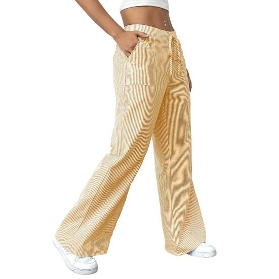 

Women Long Pants Elastic Waist Striped Design Straight Wide Leg Trousers with Pockets Relaxed Fit Leisure Pants XXL жёлтый