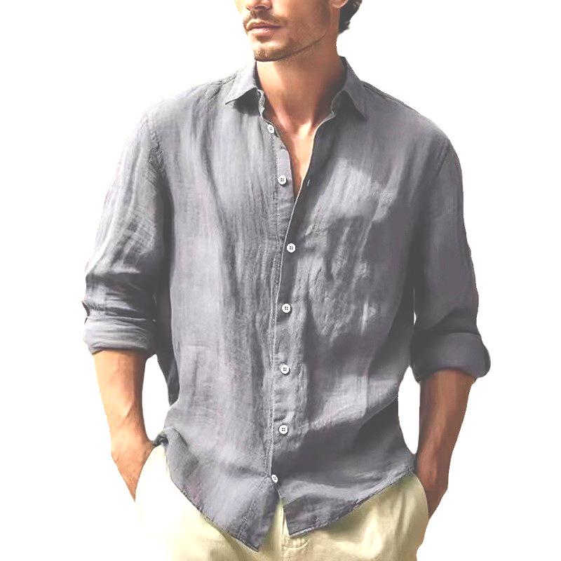 Men's Cotton Linen Solid Short Sleeve Button Shirt for Spring/Summer Beach Wear.