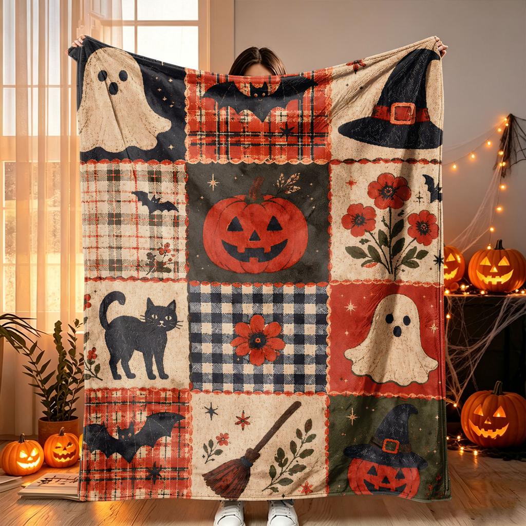 Halloween Plaid Flannel Throw Blanket with Single-Sided Print for Cozy Home Decor