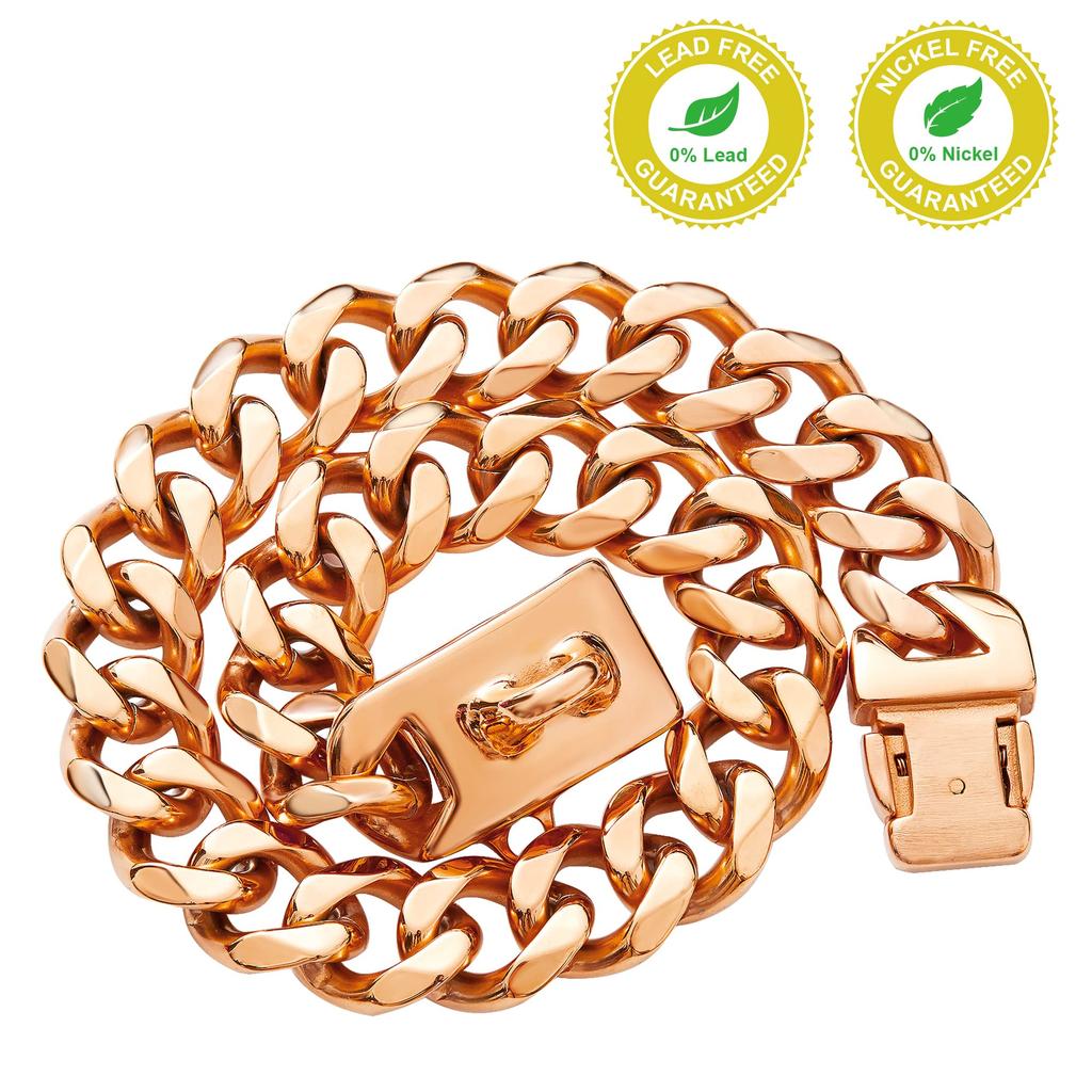 19MM Chew Proof Stainless Steel Gold Dog Chain Collar with Solid Buckle Pet Chains Collars for Large Dog