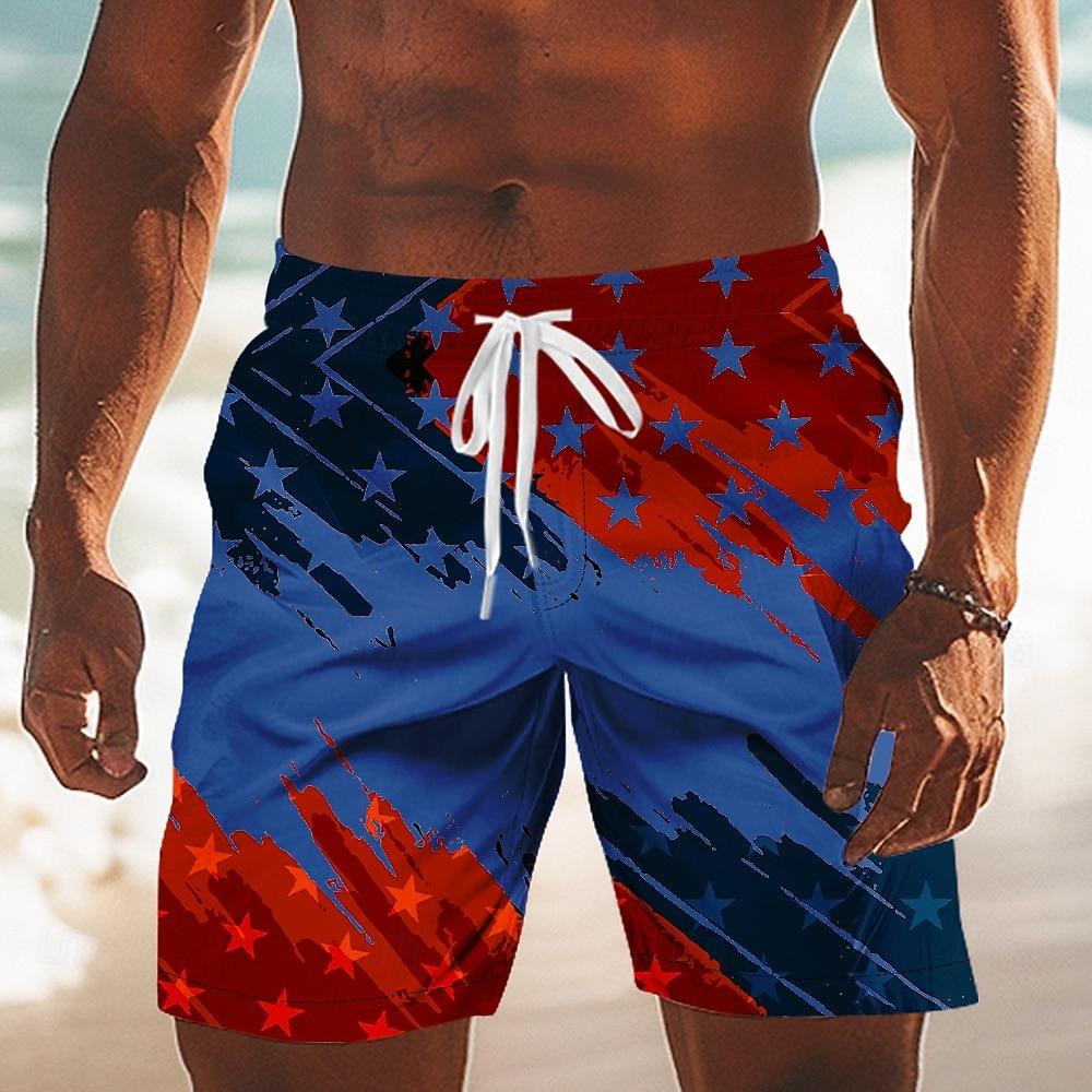 Bañador Patriótico de Diseñador para Hombre, Estampado de Bandera de EE. UU., Board Shorts de Cintura Media con Cordón para Primavera y Verano